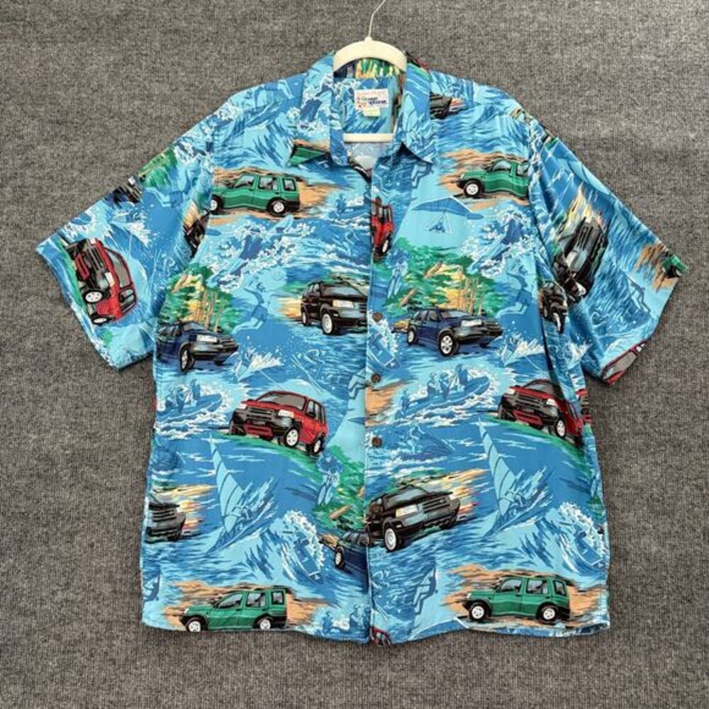 Vintage Reyn Spooner Mens Hawaiian Shirt Size L Blue Land Rover Spun Rayon Aloha